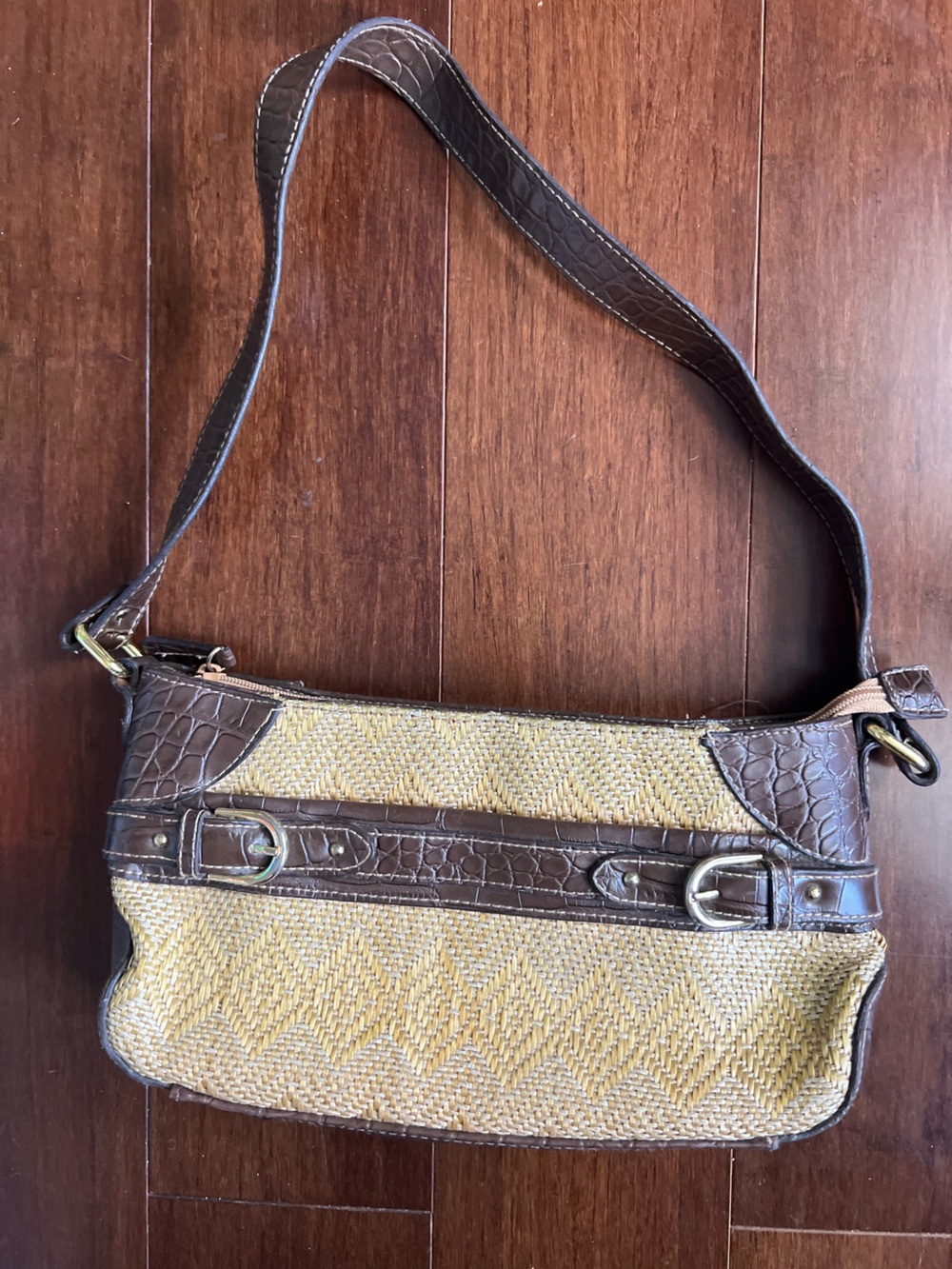 CL America Western Boho Straw Shoulder Bag Crocodile Embossed Leather Trim Y2K